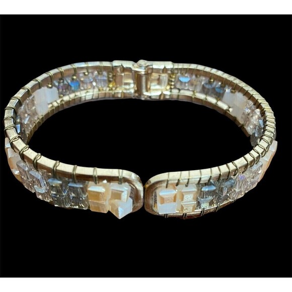 Bangle Clamper Bracelet Goldtone with Multi-Color Aurora Borealis Stones AB - Picture 1 of 6